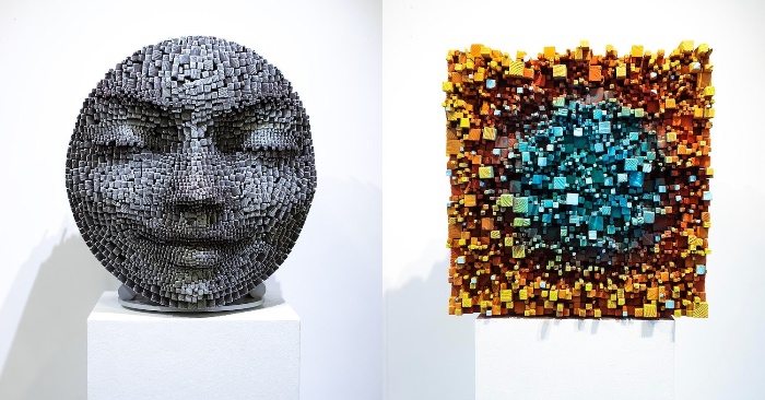  Complexities of the human spirit are revealed in colorful pixelated wood sculptures