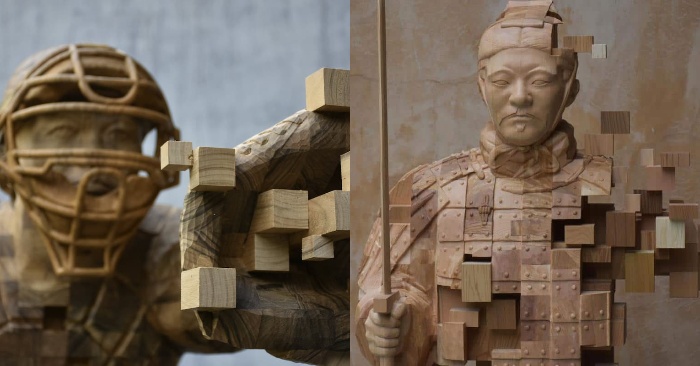  Sculptures made of dynamic wood that look like pixelated glitches