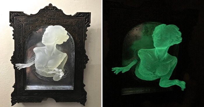  Victorian ghosts emerging from a mirror in eerie wall sculptures
