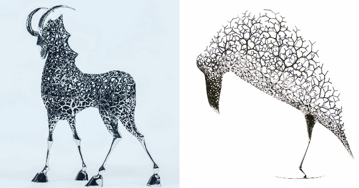  Elegant animal sculptures „grow“ from shimmering metallic branches
