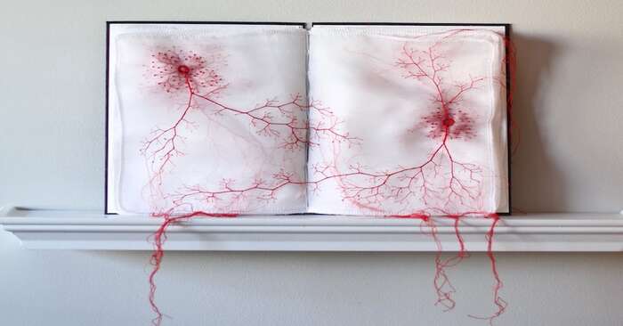  Fabric books decoratively embroidered with red thread tendrils that look like veins
