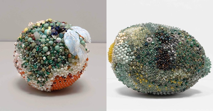  Huge sculptures made out of rotten fruit and covered with glittering semi-precious stones