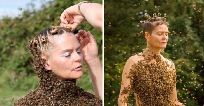  This is just incredible: this woman wears 12 thousand bees instead of clothes and shocks everyone