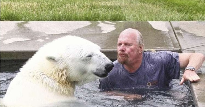  Ein einzigartiger Mann schwimmt mit einem weißen Bären und sie sind seit 23 Jahren wunderbare Freunde